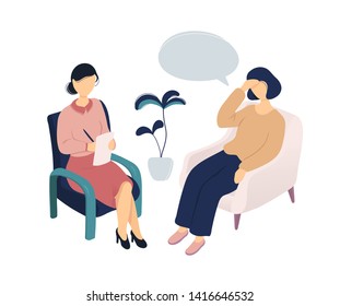 Young woman sitting in arm chair and talking to her psychologist taking notes. Flat modern trendy style.Vector illustration character icon. Isolated on white background. Psychological therapy concept.