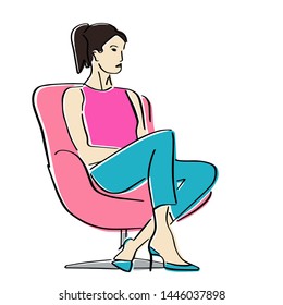 Young woman sitting in armchair in a closed pose. Silhouette of interviewer, interviewee, correspondent, questioner or TV host.  Vector flat illustration. Isolated hand drawn black contour and colors.