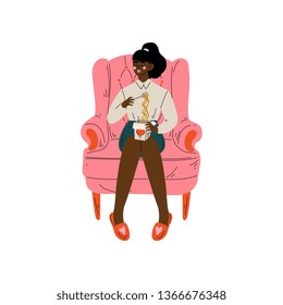 Young Woman Sitting in Armchair Eating Noodles, Girl Spending Weekend at Home and Relaxing Vector Illustration