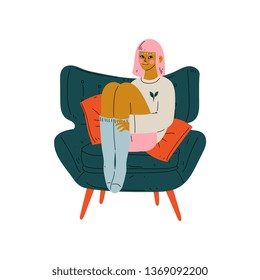 Young Woman Sitting in Armchair, Girl Spending Weekend at Home and Relaxing Vector Illustration