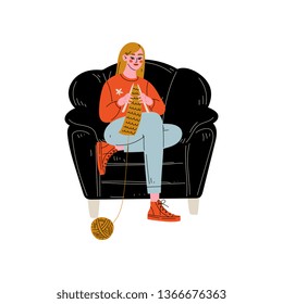 Young Woman Sitting in Armchair and Knitting, Girl Spending Weekend at Home and Relaxing Vector Illustration