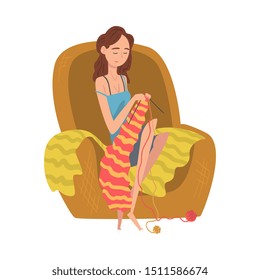Young Woman Sitting in Armchair and Knitting, Girl in Everyday Life Vector Illustration