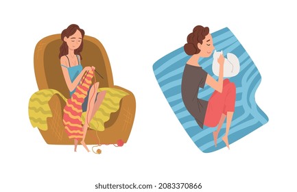 Young Woman Sitting in Armchair and Knitting with Needle and Stroking Cat Pet Vector Set