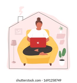 Joven sentada en un sillón con una laptop en su regazo. Trabajo desde casa, concepto de trabajo remoto. Ilustración de carácter dibujada a mano por vectores. Aislado sobre fondo blanco.