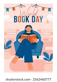 Young woman sitting in armchair with open book in hands. Cute banner template with reading woman, garlands, stack of books, text. Flat Design. Naive cartoon illustration to World Book Day. 