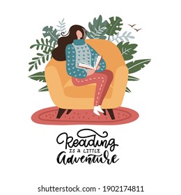 Young Woman Sitting In Armchair And Reading A Book. Female Teenager Is Relaxing In A Chair At Home And Reading A Book. Calmness, Peace Of Mind And Relaxation. Vector Flat Illustration