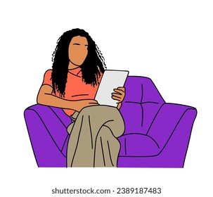 Young woman sitting in armchair, reading book, surfing internet in digital tablet. Work from home, remote learning, education, freelance concept. Vector illustration isolated on white background.