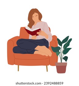 Young woman sitting in armchair, reading book.