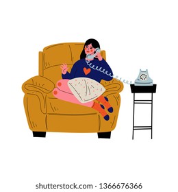 Young Woman Sitting in Armchair and Talking on Retro Phone, Girl Spending Weekend at Home and Relaxing Vector Illustration