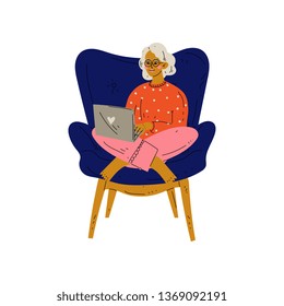 Young Woman Sitting in Armchair Working with Laptop Computer, Girl Spending Weekend at Home and Relaxing Vector Illustration