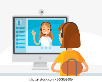 Young woman sitting at, in front of  notebook, talking chatting over video chat  app . Video chat between two girls. Girl video calling, conversation, using messenger, video conference.