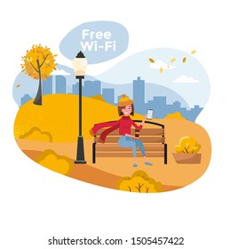 Young woman sitting in autumn park on bench with phone and holding coffee. Vector flat cartoon illustration. Free wifi zone and city park web posters. Girl enjoying fall