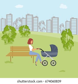 Young woman is sitting with a baby stroller on the bench in the park. There are trees, bushes, silhouettes of buildings in the picture. Vector illustration.