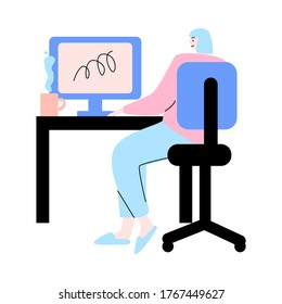 Young woman sitting backwards and working on laptop in office on weekday