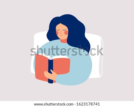 Young woman is sitting in bed with book. Teenage girl reads before going to bed. Flat cartoon vector illustration.