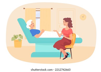 Young woman sitting beside elderly lady lying in hospital bed. Female character holding cup of tea and talking to grandmother in medical ward flat vector illustration. concept for banner, landing page