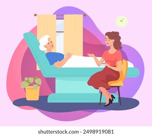 Young woman sitting beside elderly lady lying in hospital bed. Female character holding cup of tea and talking to grandmother in medical ward flat vector illustration. concept for banner, landing page