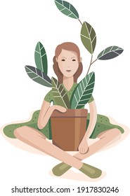 Young woman sitting with big flowerpot. Lifestyle and hobby. illustration can be used for gardening, home planting and farming