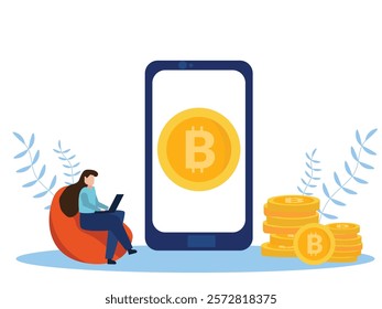 young woman sitting with big smartphone and bitcoin cryptocurrency money and using laptop for online funding and making investments for bitcoin. Digital Money. Cryptocurrency Investment Concept.