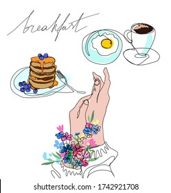 Young woman sitting at breakfast table in cafe hands in long sleeves flowers coffee cup and egg blueberry pancakes on plate vector graphics set line art doodle