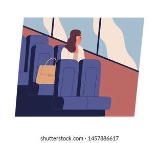 Young woman sitting in bus, looking out window and listening to music. Cute funny girl in public transport. Daily routine of office worker or clerk. Vector illustration in flat cartoon style.