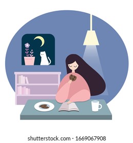 Young woman sitting by wooden table eating cookie and reading a book  near the window with her cat at home in the night. Vector illustration.