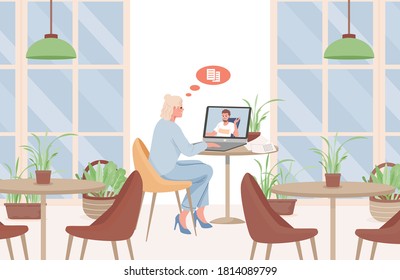 Young woman sitting in cafe or restaurant and speaking with man via videoconference vector flat illustration. Video call. Man and woman communicating, internet business conversation.