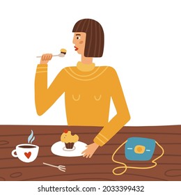 Young woman sitting at a cafe table eating cupcake and drinking coffee. Female character having lunch in a restaurant with sweet dessert and tea. Stylish girl in a cafe. Flat vector illustration.