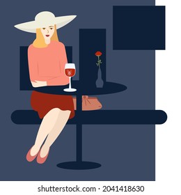 Young woman sitting in cafe. There are glass of wine rose in pot on the table. Front view. Isolated vector illustration