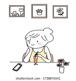 Young woman sitting at cafe and using phone. Cute girl in tank top sitting at coffee shop, reading text message on smartphone screen during her leisure time. Vector Illustration with hand-drawn style.