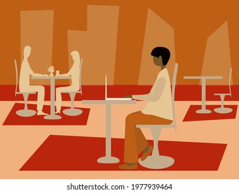 Young woman sitting in cafe and using laptop. Freelancer work and rest. Online communication. Side view. Copy space. Vector illustration