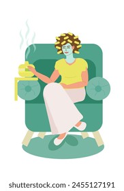 A young woman is sitting in a chair, with curlers on her hair, a cosmetic mask on her face and an aroma lamp nearby. Self-care, woman taking spa treatments at home. Colored vector illustration