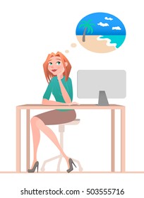 Young woman sitting in chair and dreaming about vacation on the island. Working. Cartoon style