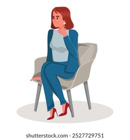 Young woman sitting in a chair. A girl employee in an armchair thinking about her life problem with hand on chin. Flat vector illustration isolated on white background.