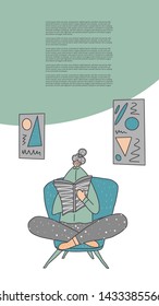 Young woman  sitting in chair and reading a book in her room. Template for story. Vector illustration.