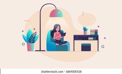 young woman sitting in a chair and reading a book on self-isolation