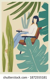 Young woman sitting in a chair surrounded by big leaves of house plants. Vector vintage illustration.