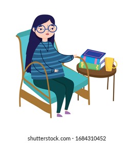 young woman sitting in chair and table with books coffee cup vector illustration, book day