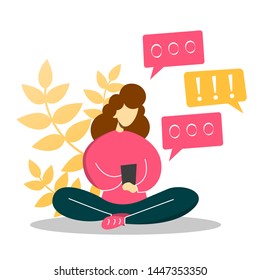 Young woman sitting and chatting in mobile phone. Communication online in smartphone. Internet technology.