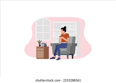 Young woman sitting check mesage notification handphone flat vector illustration