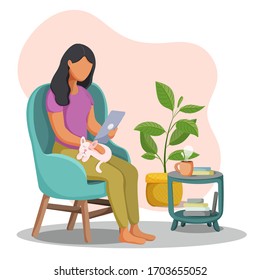 Young woman sitting in a comfortable armchair with tablet and a cute cat. Freelancer, remote work. Home office. Vector illustration