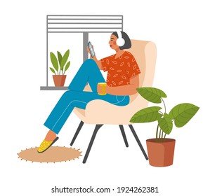 Young woman sitting in a comfortable chair with headphones and smartphone at home. Concept of online education, audiobook, podcast or music. Flat vector illustration.