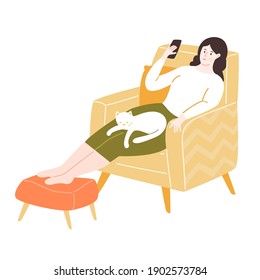 Young woman sitting in comfy yellow chair with footrest, using smartphone. Stay home concept. Girl with a white cat sleeping on her. Cozy room vector illustration