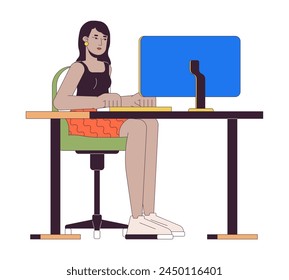 Young woman sitting at computer 2D linear cartoon character. Indian female office worker isolated line vector person white background. Cozy corporate workplace color flat spot illustration