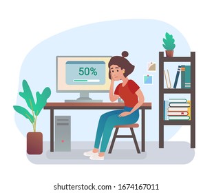 Junge Frau, die mit dem Computer sitzt. Leiste wird auf dem Monitor geladen.
