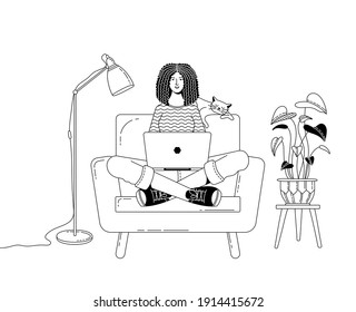 Young woman sitting in cozy armchair and working at laptop linear vector illustration. Freelance, work at home, self development, online education concept. Black and white female cartoon character