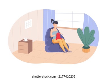 Young woman sitting in cozy armchair and knitting. Beautiful woman knitting with needles and woolen thread sitting in cosy living room. Needlework, handcraft, creative hobby or recreation flat vector