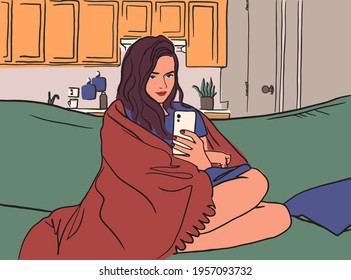 Young woman sitting in cozy couch, under warm blanket, checks smartphone and smiling. Attractive girl holds phone. Social media addiction and communication concept. Vector illustration in flat style