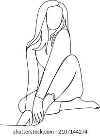 Young woman sitting cross-legged on the floor. Continuous line art drawing style. Minimalist black linear sketch isolated on white background. Vector illustration