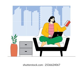 Jovem mulher sentada de pernas cruzadas no sofá enquanto revisa o livro de leitura com laptop, ilustração vetor da vida urbana moderna.
